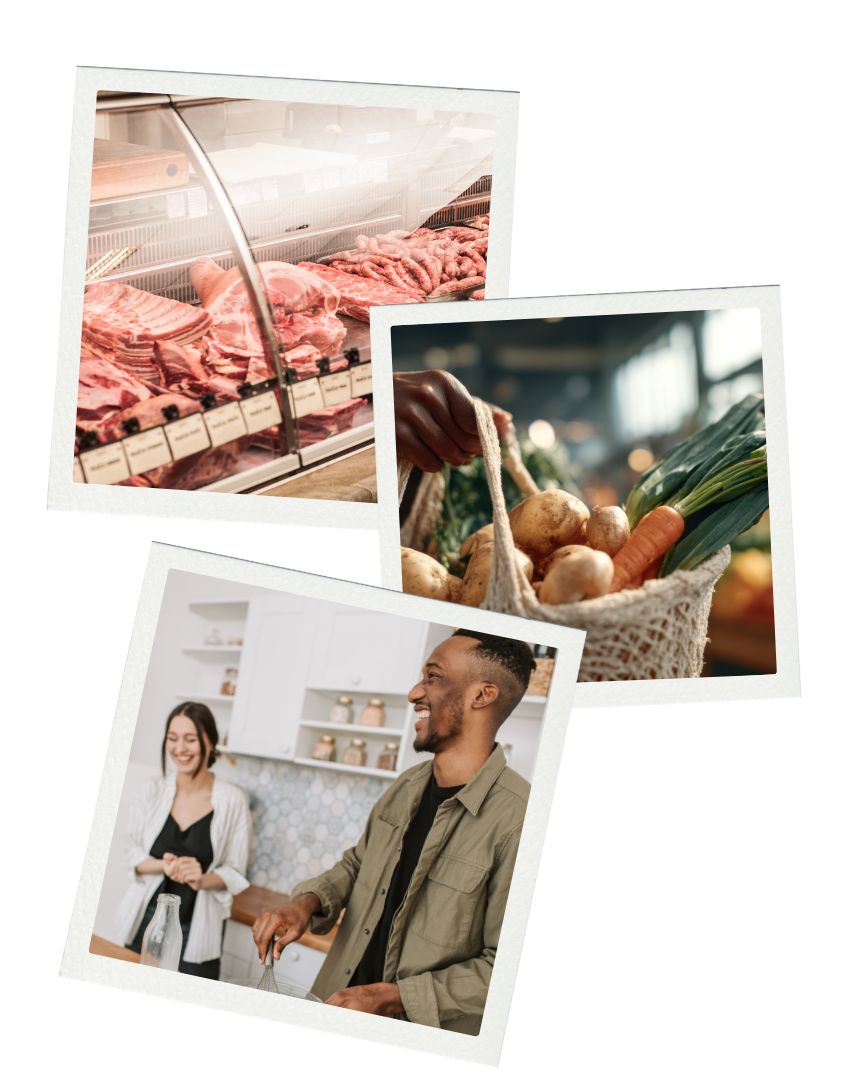 Butcher Counter, Shopping Bag and Couple Cooking